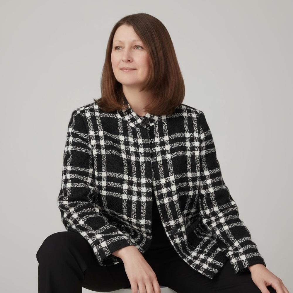TanJay Women's  Black and White Tweed Plaid Jacket Size 16